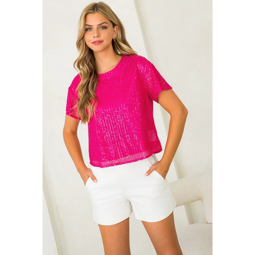 Sequin Short Sleeve Top Hot Pink