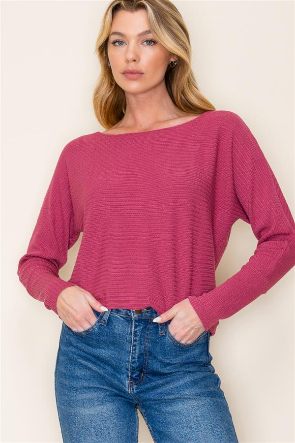 Final Sale Boat Neck Long Dolman Sleeve Textured Top Dark Rose