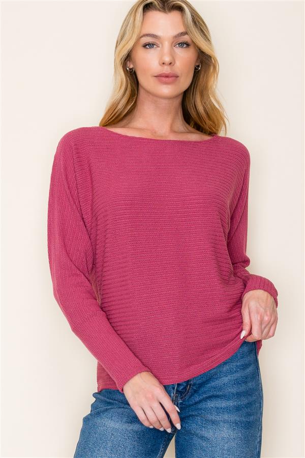 Final Sale Boat Neck Long Dolman Sleeve Textured Top Dark Rose