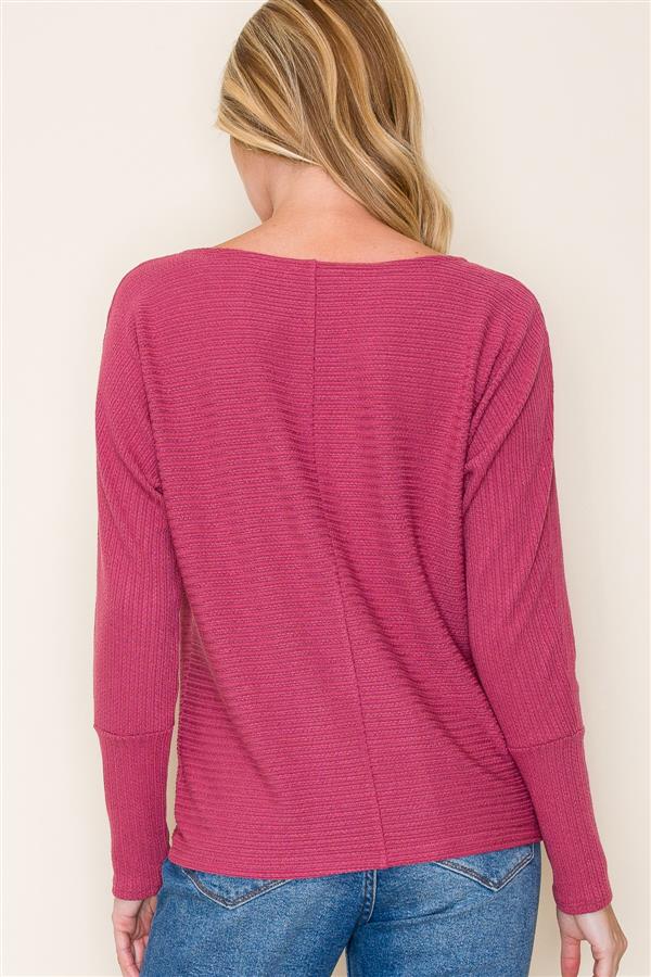 Final Sale Boat Neck Long Dolman Sleeve Textured Top Dark Rose
