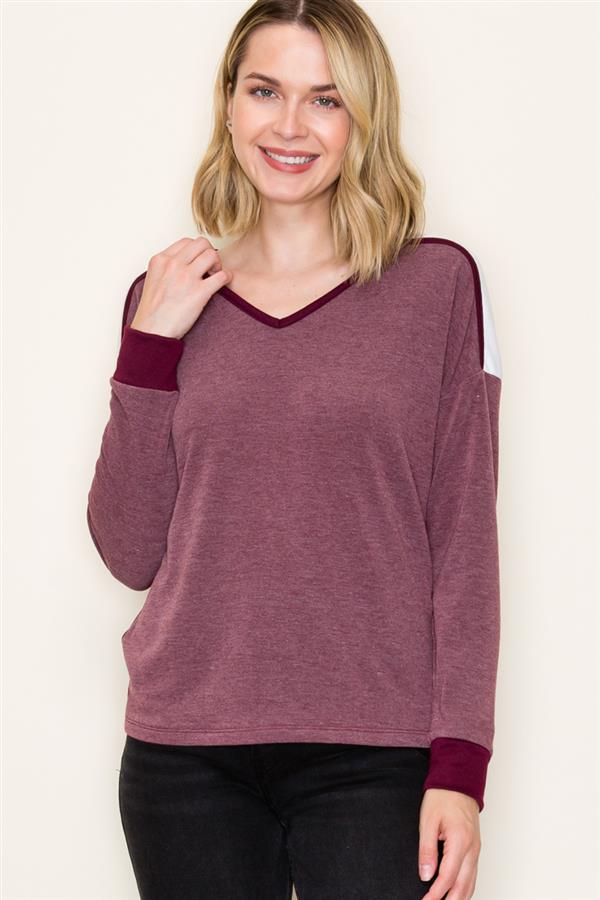 Final Sale Long Sleeve Color Trimmed V-Neck Top Burgundy