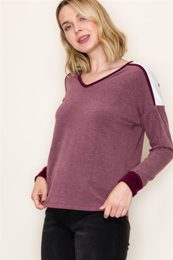 Final Sale Long Sleeve Color Trimmed V-Neck Top Burgundy