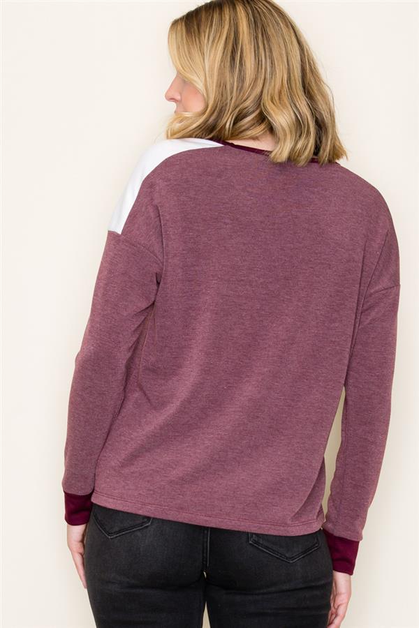 Final Sale Long Sleeve Color Trimmed V-Neck Top Burgundy