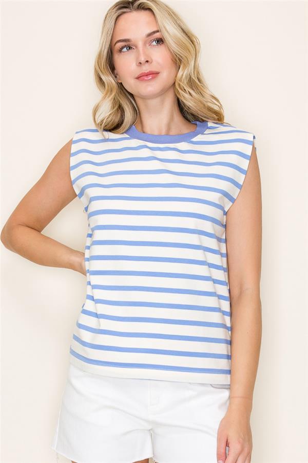Final Sale Sleeveless Crew Neck Striped French Terry Top