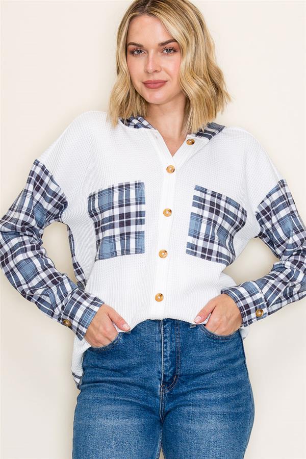Waffle Knit Long Sleeve Hoodie w/Plaid Contrast