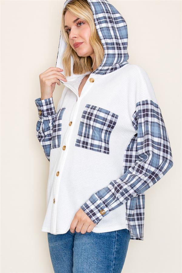 Waffle Knit Long Sleeve Hoodie w/Plaid Contrast