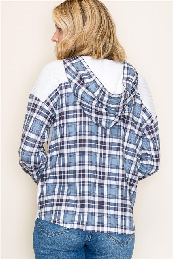 Waffle Knit Long Sleeve Hoodie w/Plaid Contrast