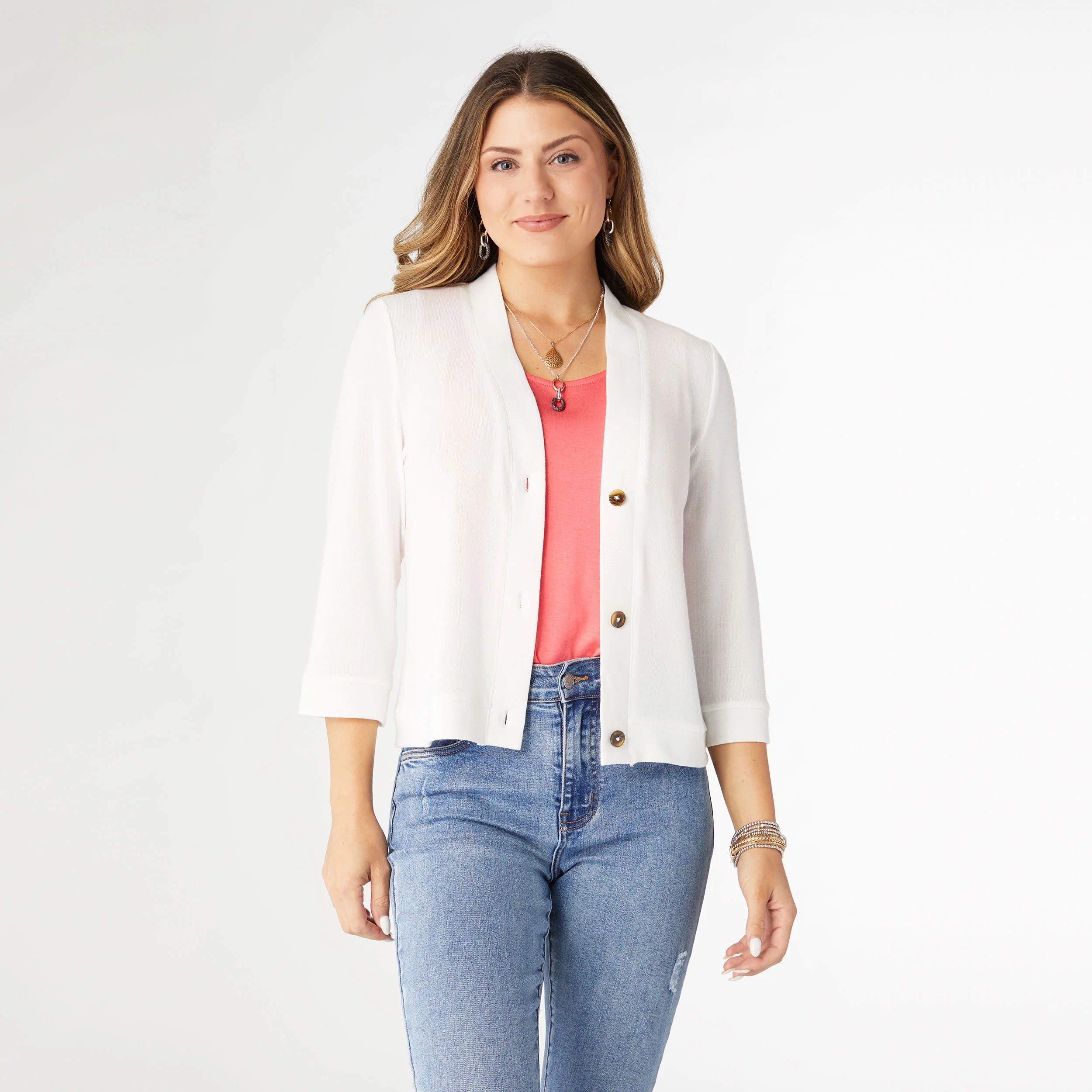 Anice 3/4 Sleeve Button Down Cardigan White