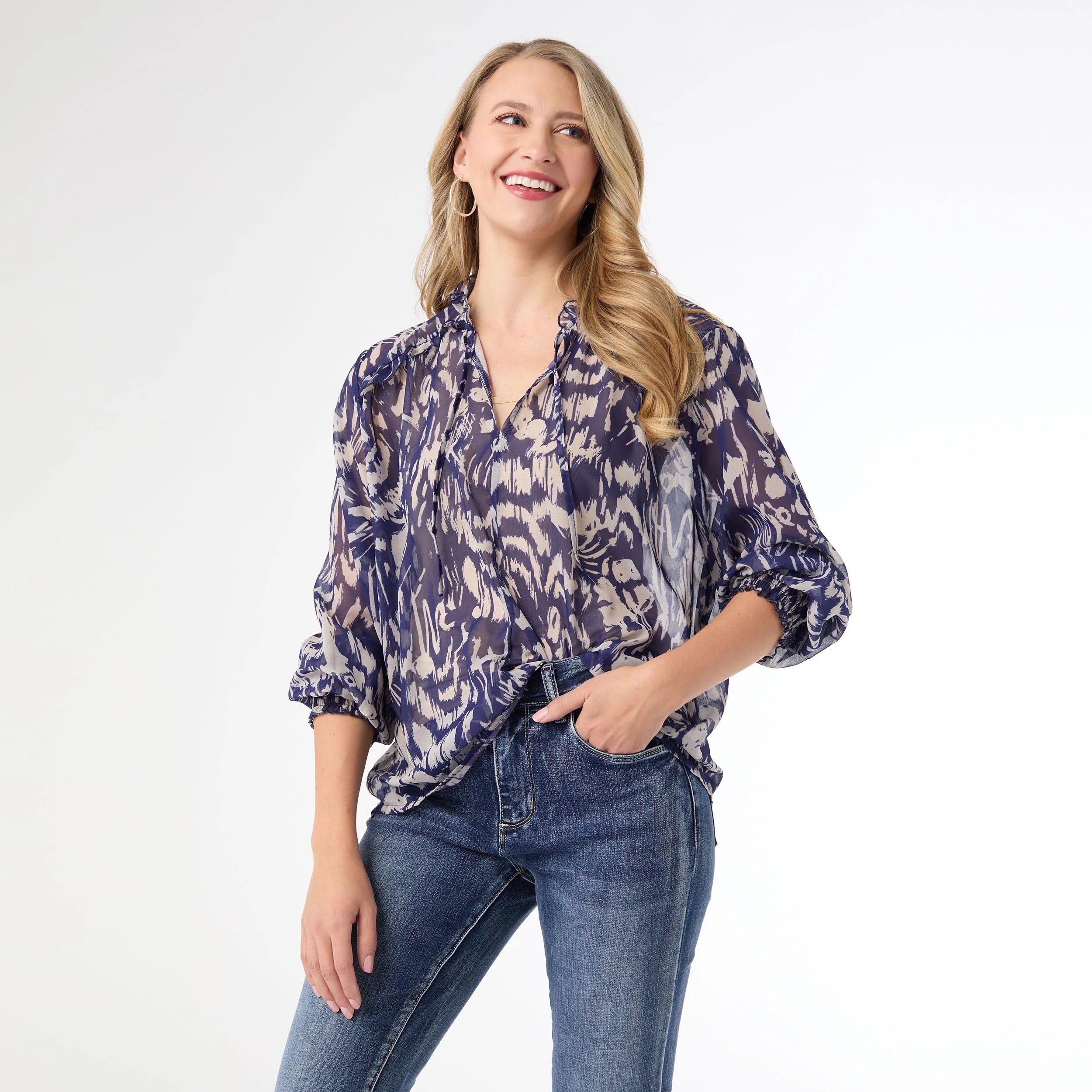 Sale Ravenna Sheer Print V-Neck Blouse