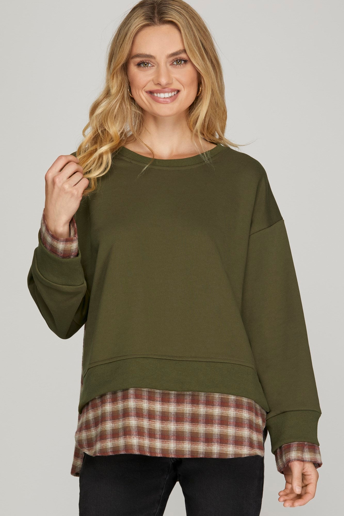 Long Sleeve Sweatshirt w/Contrast Plaid Top