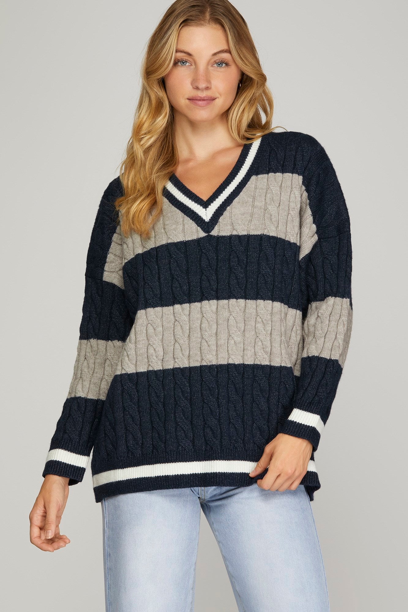 Navy/Grey Striped Cable Knit Sweater