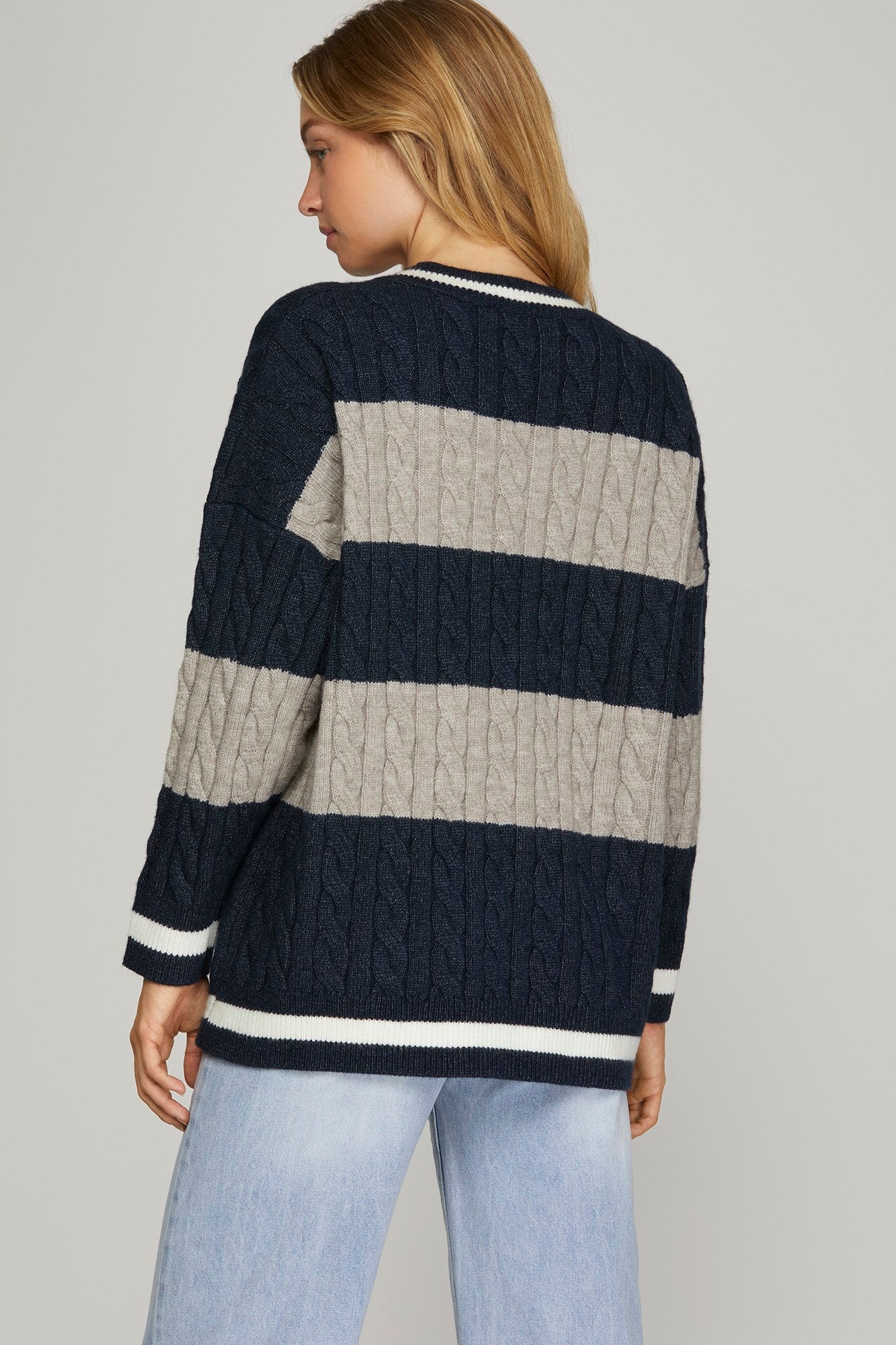 Navy/Grey Striped Cable Knit Sweater