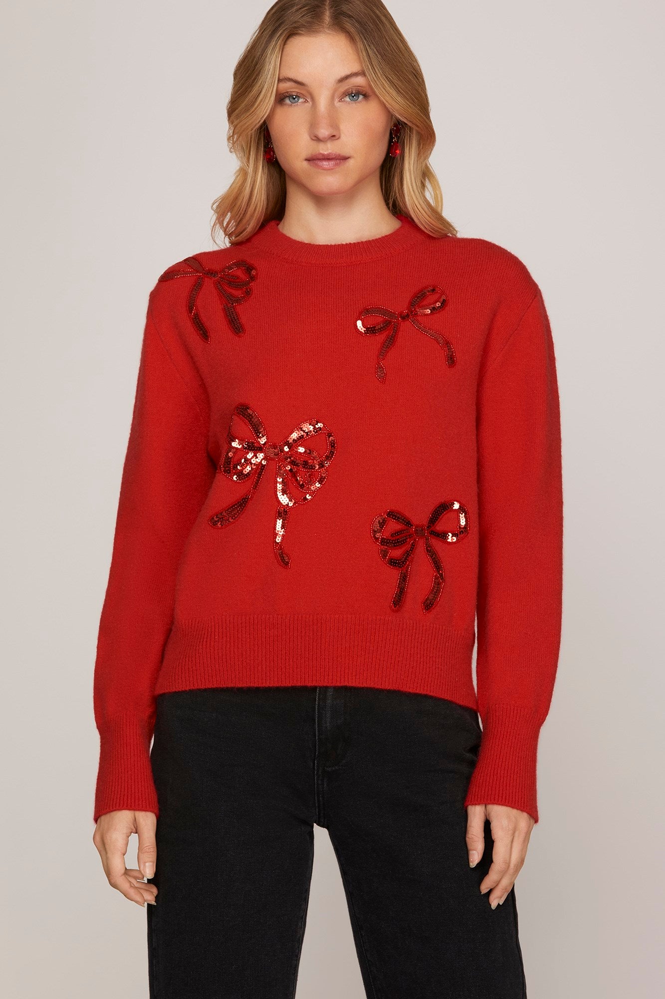 Sale Long Sleeve Sequin Ribbon Sweater