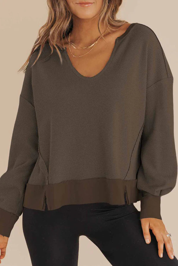 Waffle Knit Long Sleeve Top Brown