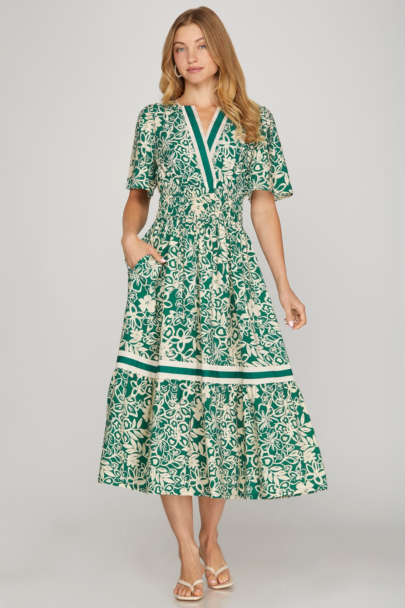 Sale Half Sleeve Floral Tiered Midi Dress