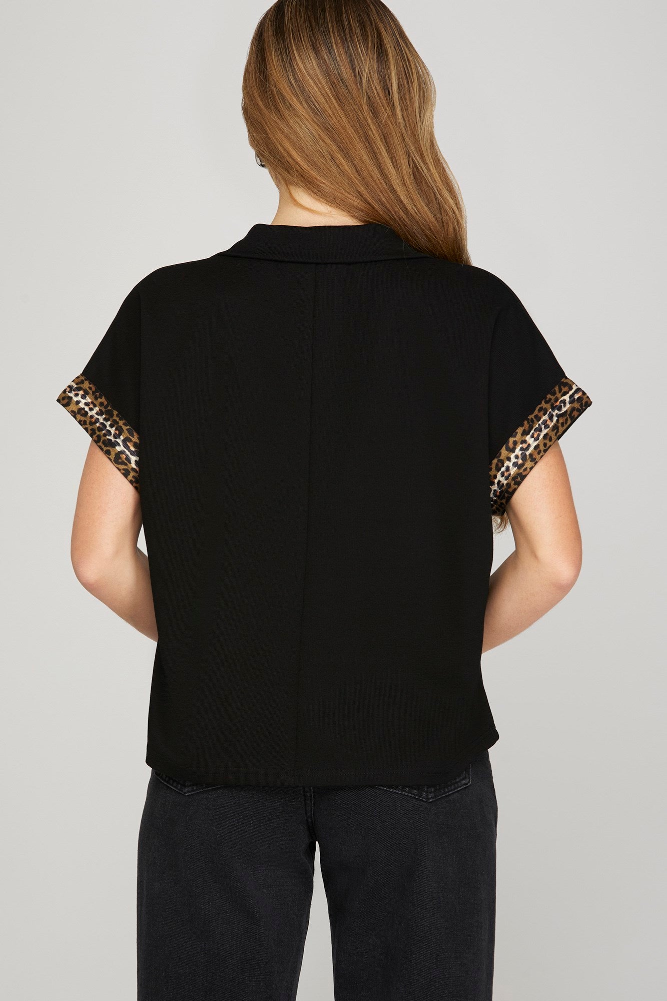 Sale Drop Short Sleeve Half Zip Top Black w/Leopard Trim