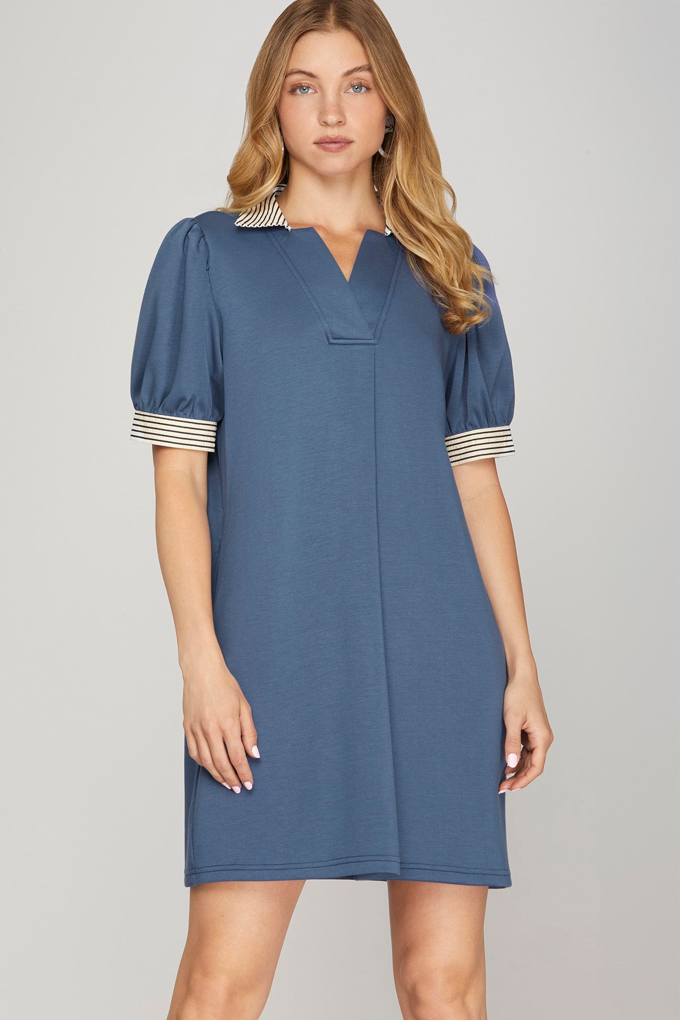 Sale Short Sleeve Collared Dress w/Stripe Contrast