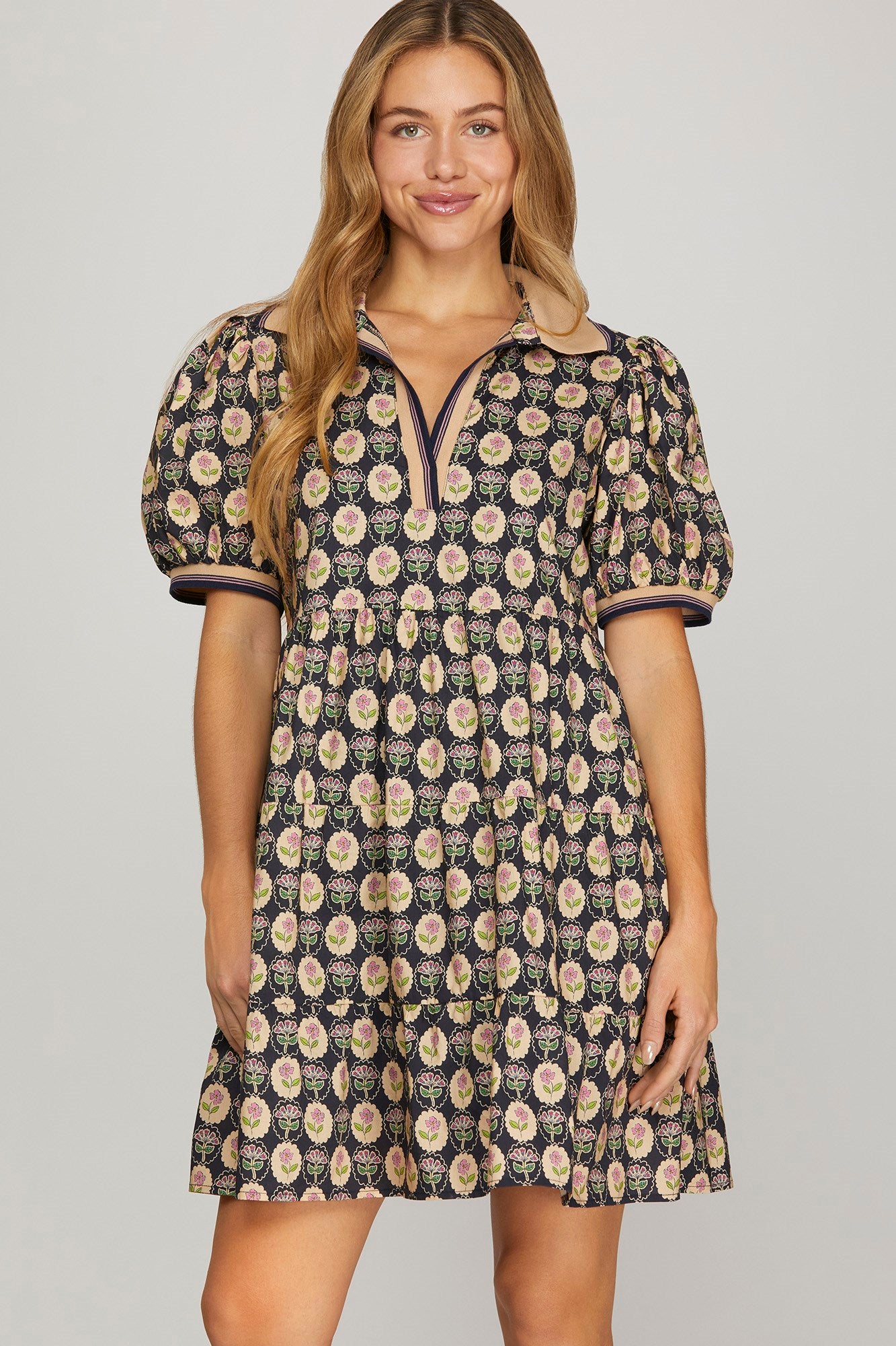 Sale Puff Sleeve Woven Printed Tiered Dress w/Rib Band Collar