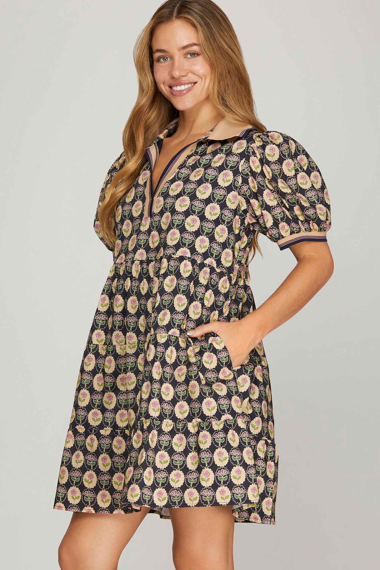Sale Puff Sleeve Woven Printed Tiered Dress w/Rib Band Collar