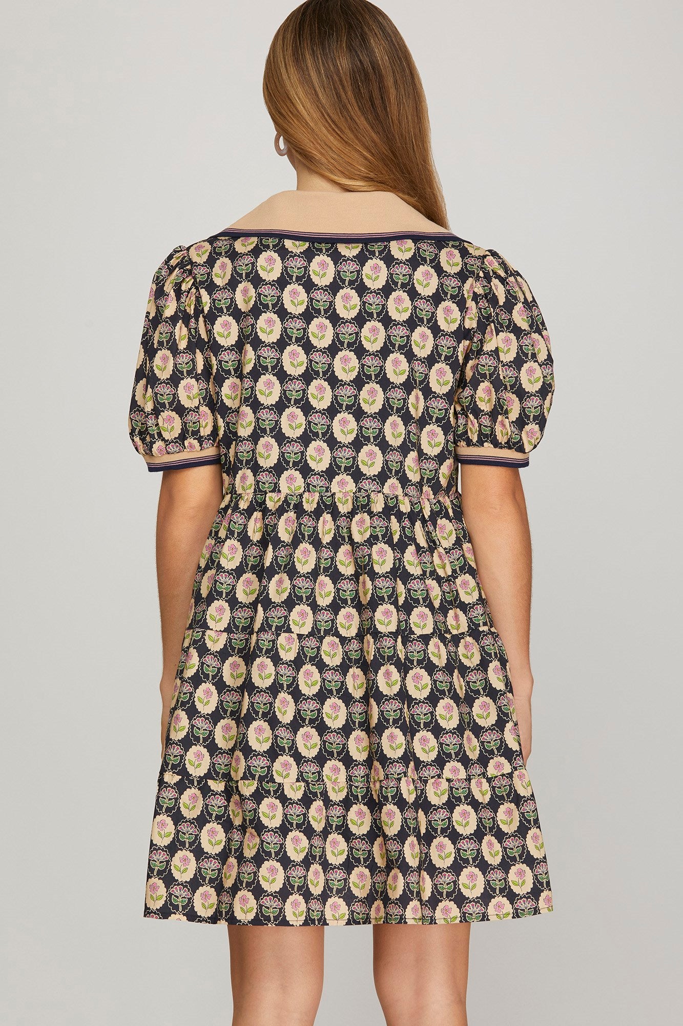 Sale Puff Sleeve Woven Printed Tiered Dress w/Rib Band Collar