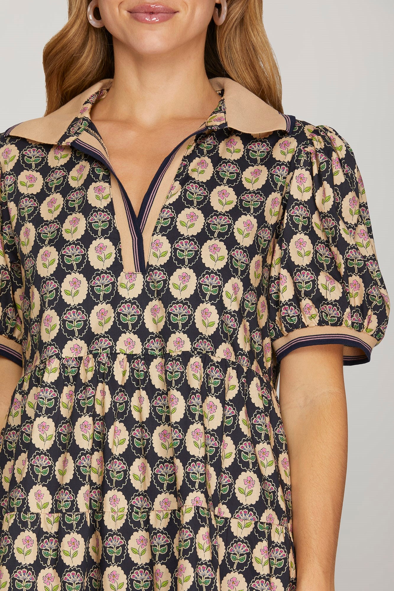 Sale Puff Sleeve Woven Printed Tiered Dress w/Rib Band Collar