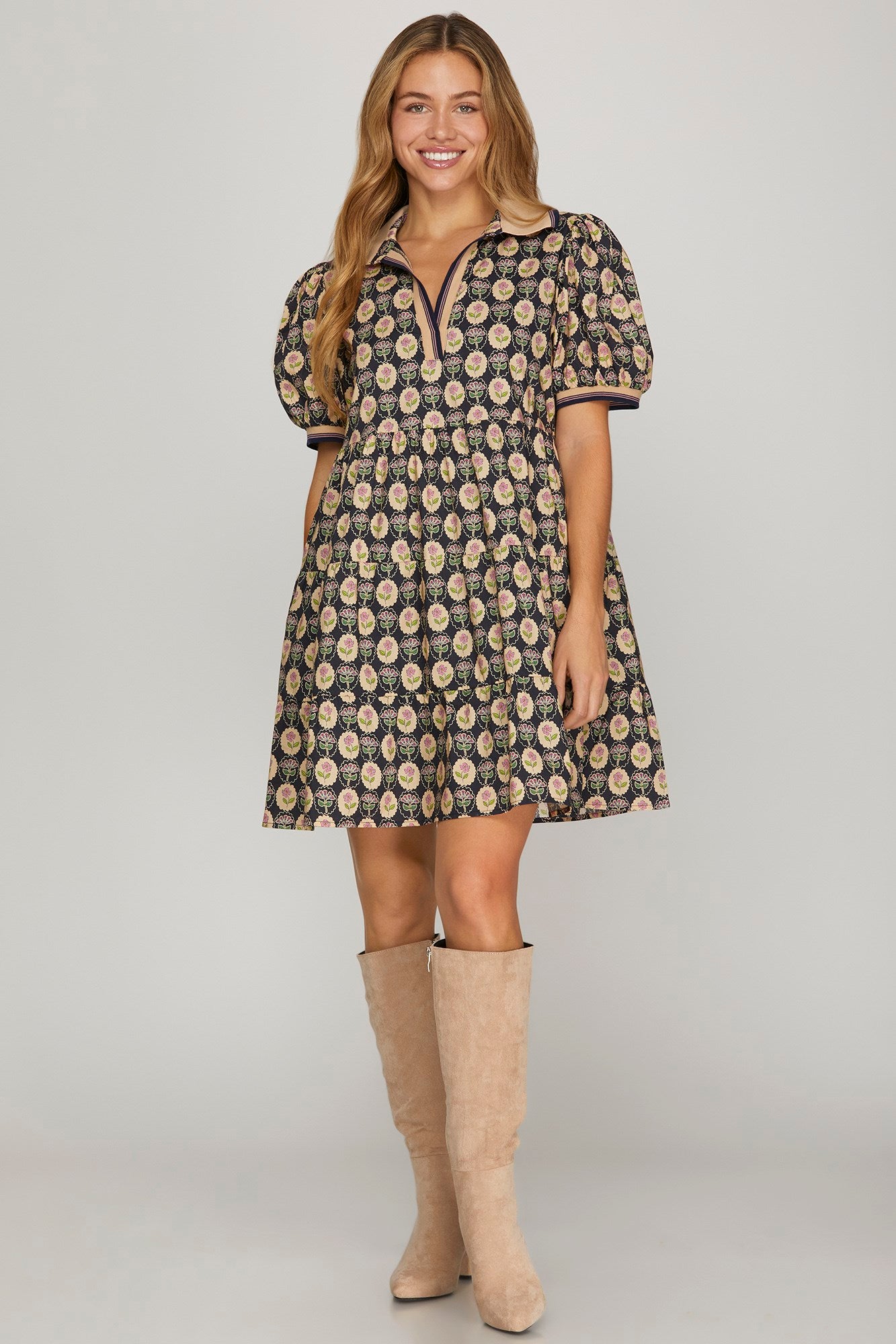 Sale Puff Sleeve Woven Printed Tiered Dress w/Rib Band Collar
