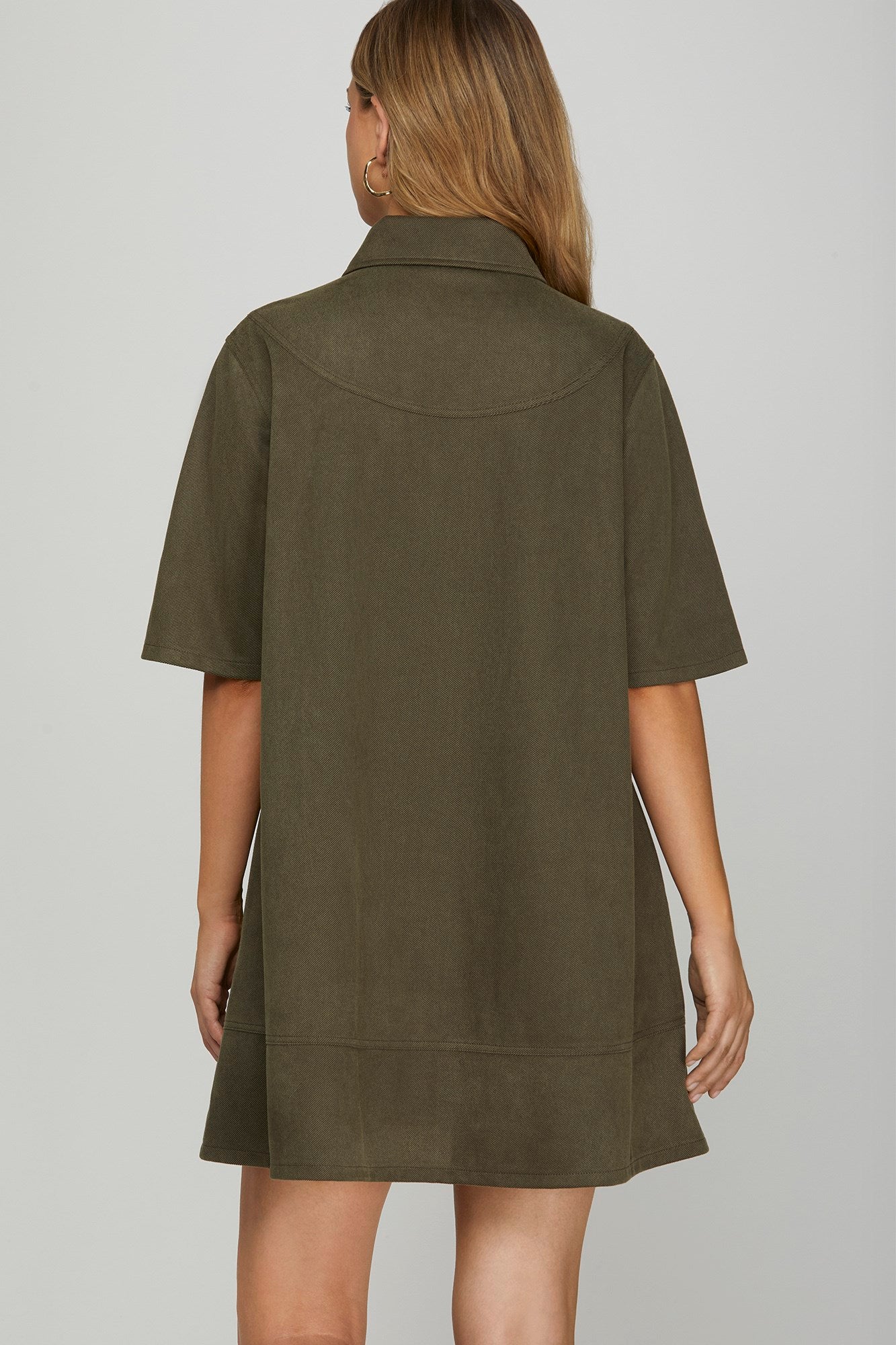 Sale Half Sleeve Collared Suede Dress w/Pockets