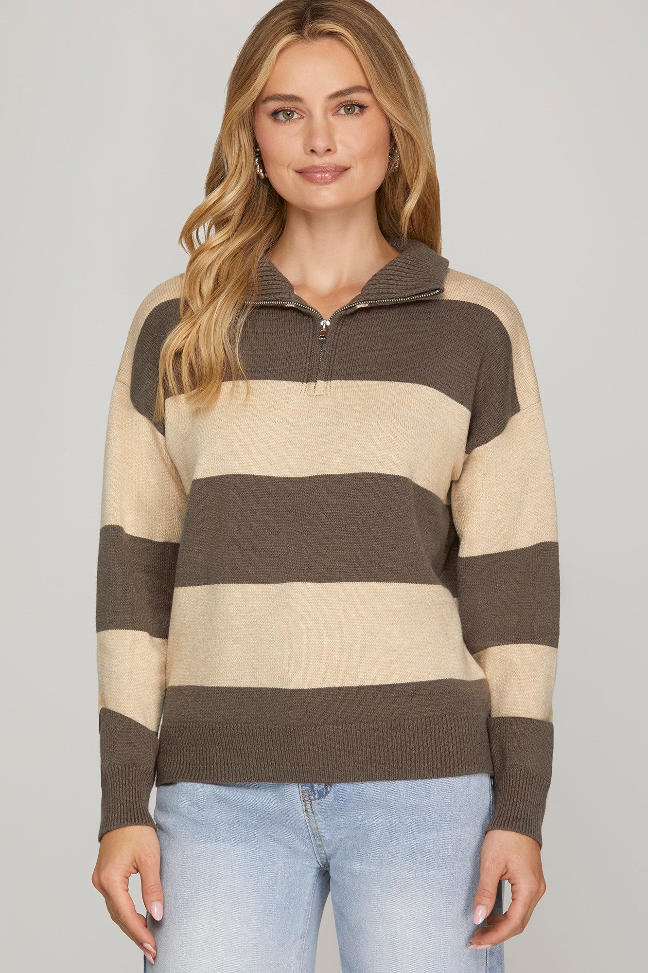 Sale Half Zip Striped Long Sleeve Sweater