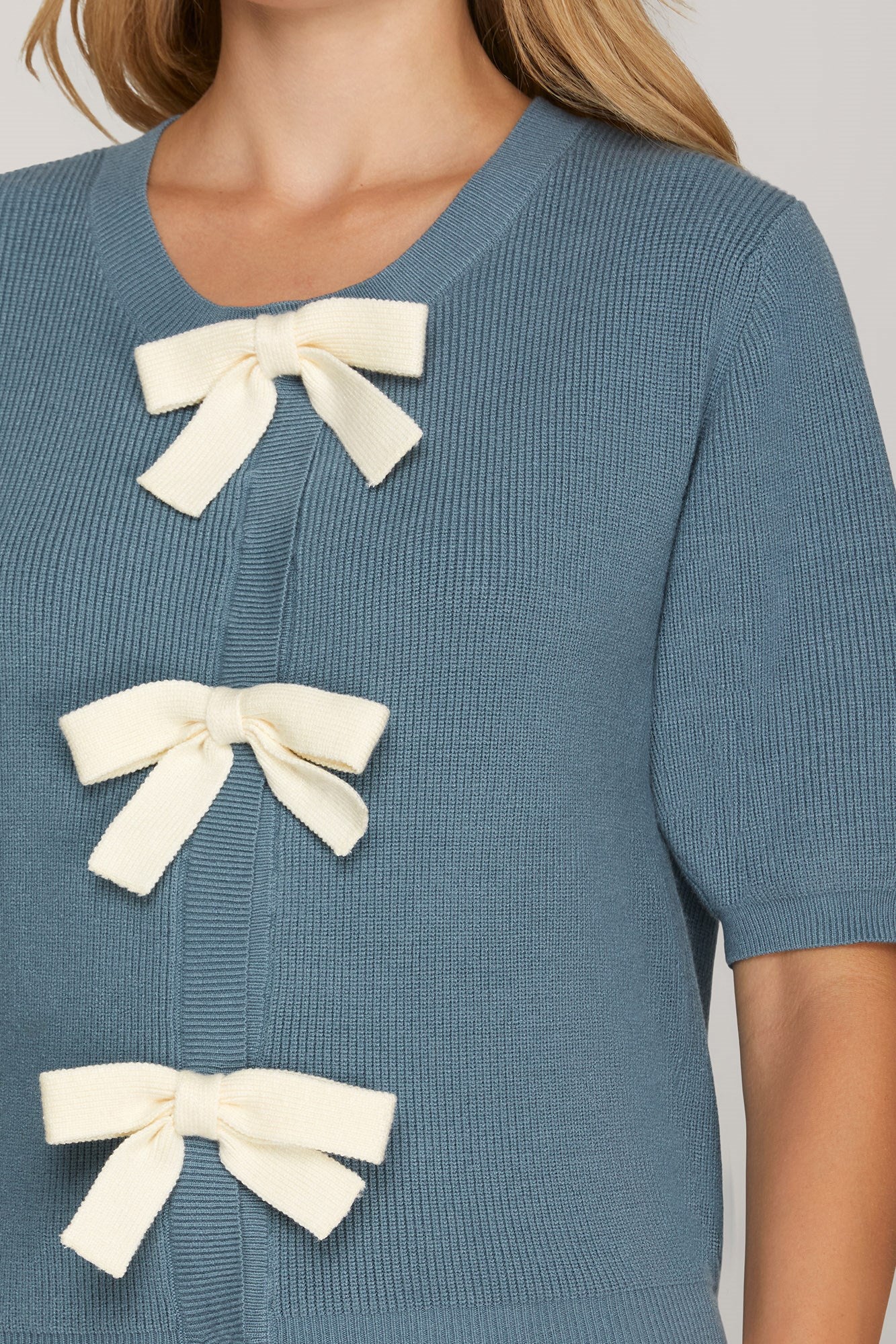 Sale Short Sleeve Contrast Bow Knit Cardigan