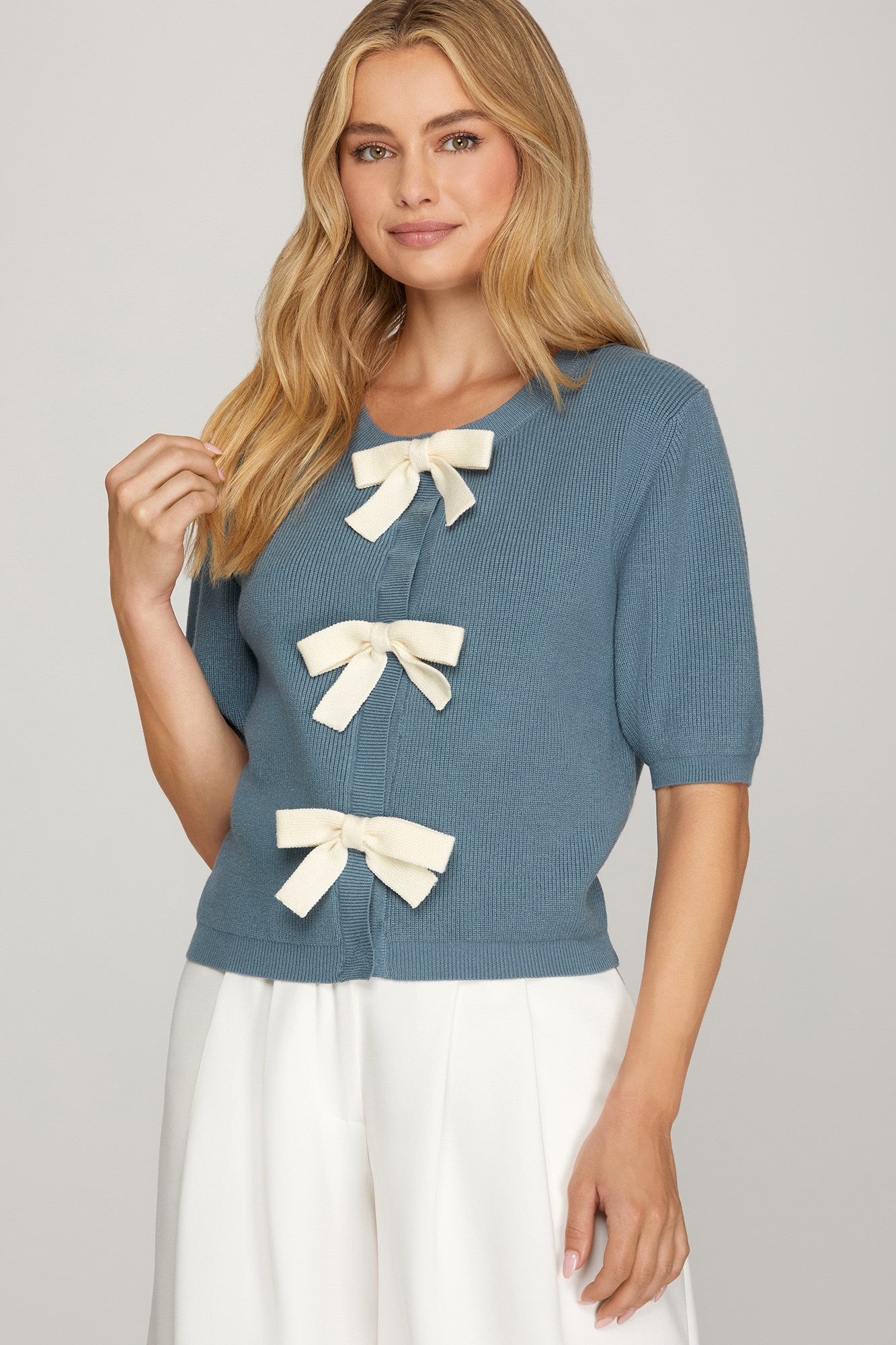 Sale Short Sleeve Contrast Bow Knit Cardigan