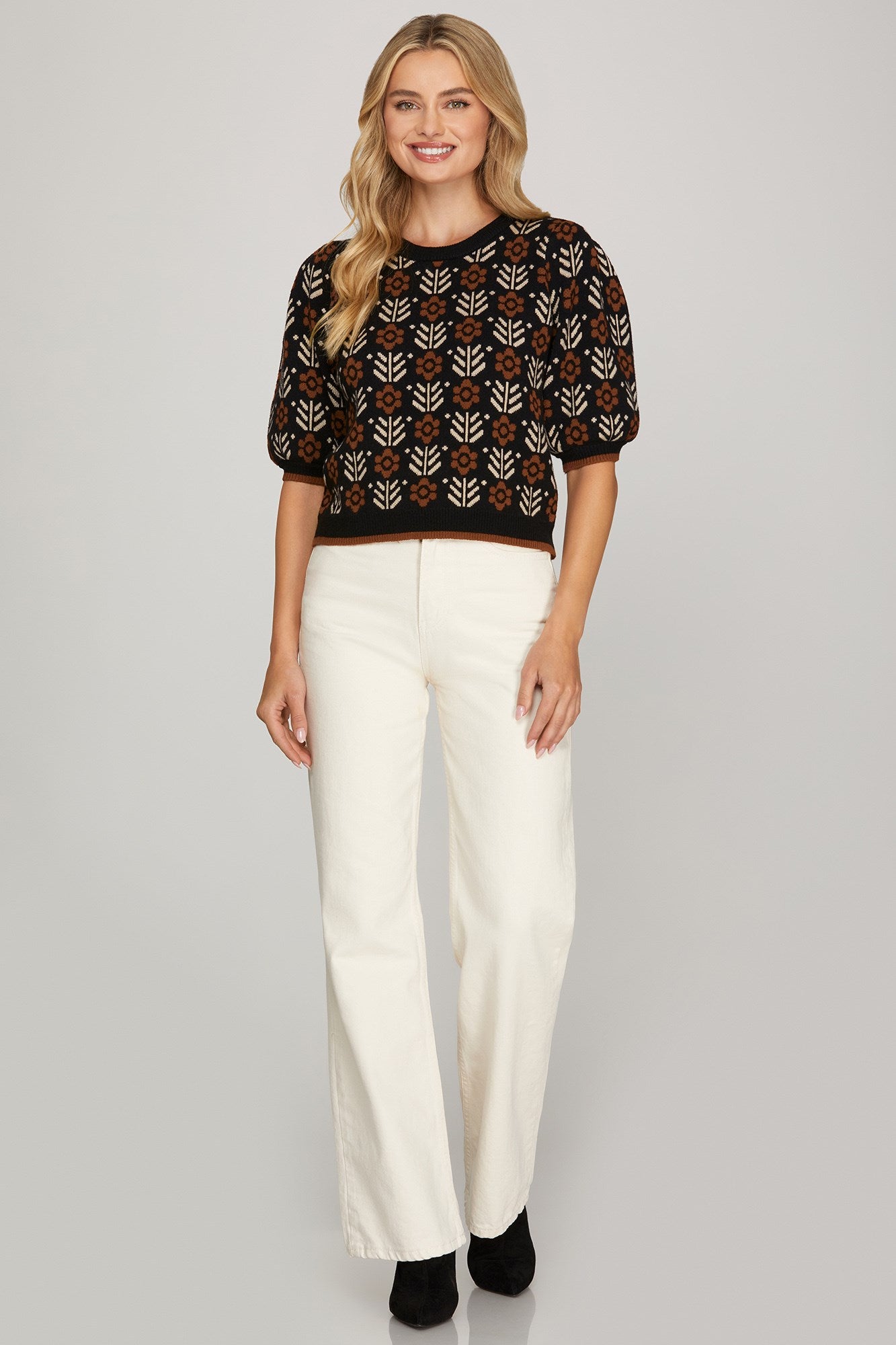 Short Puff Sleeve Floral Print Sweater