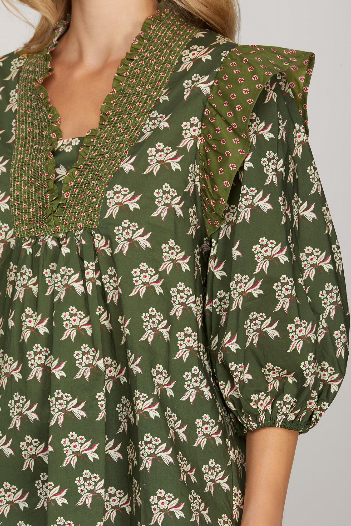 3/4 Sleeve Smocked Neck Print Top