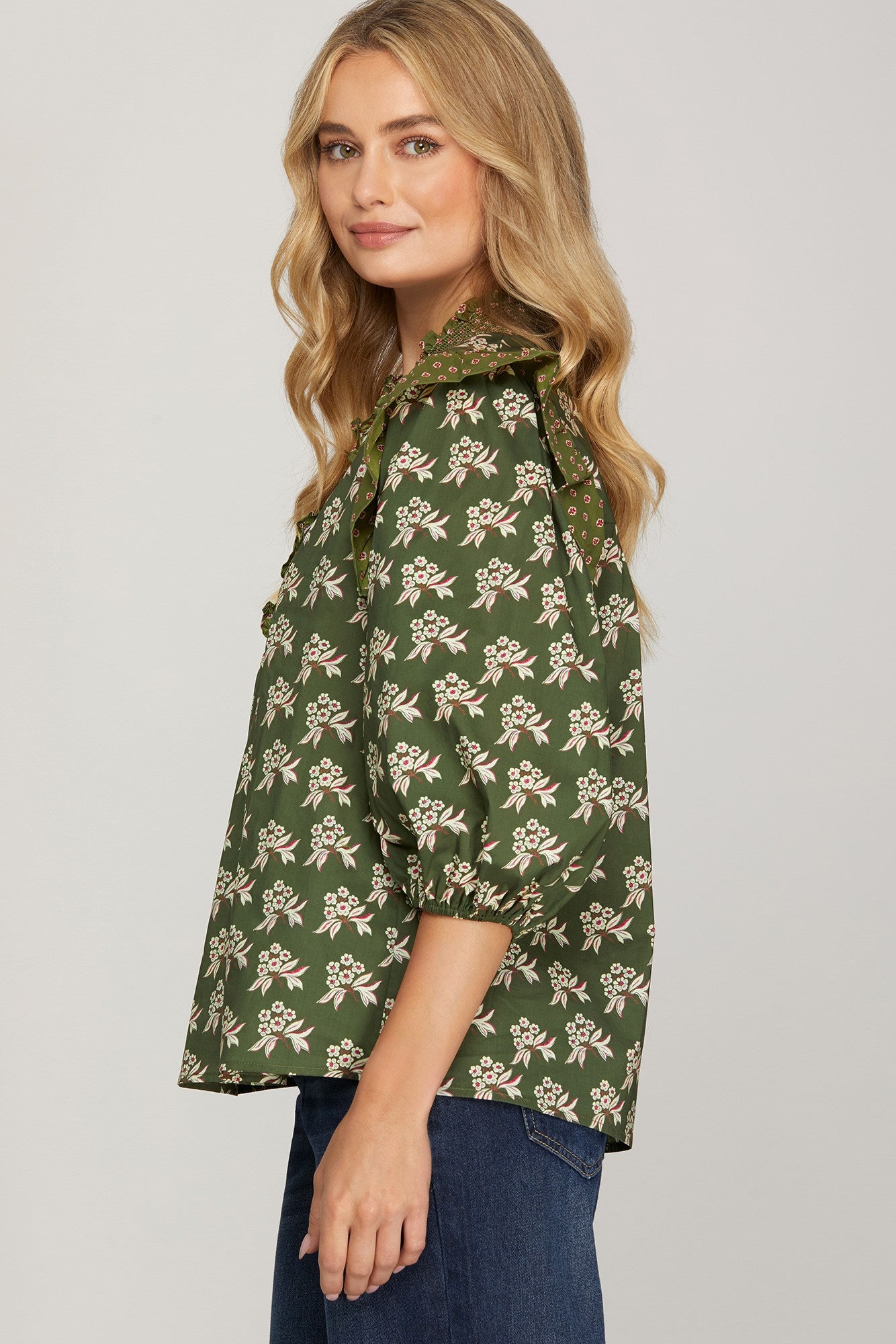 3/4 Sleeve Smocked Neck Print Top