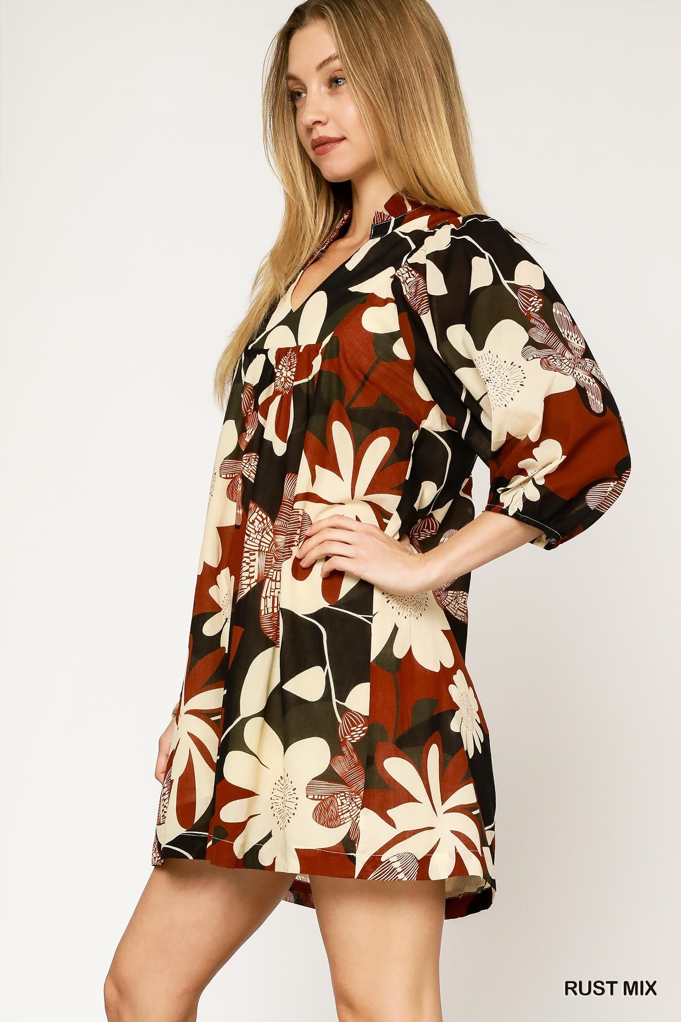 Sale 3/4 Puff Sleeve Floral Print Dress