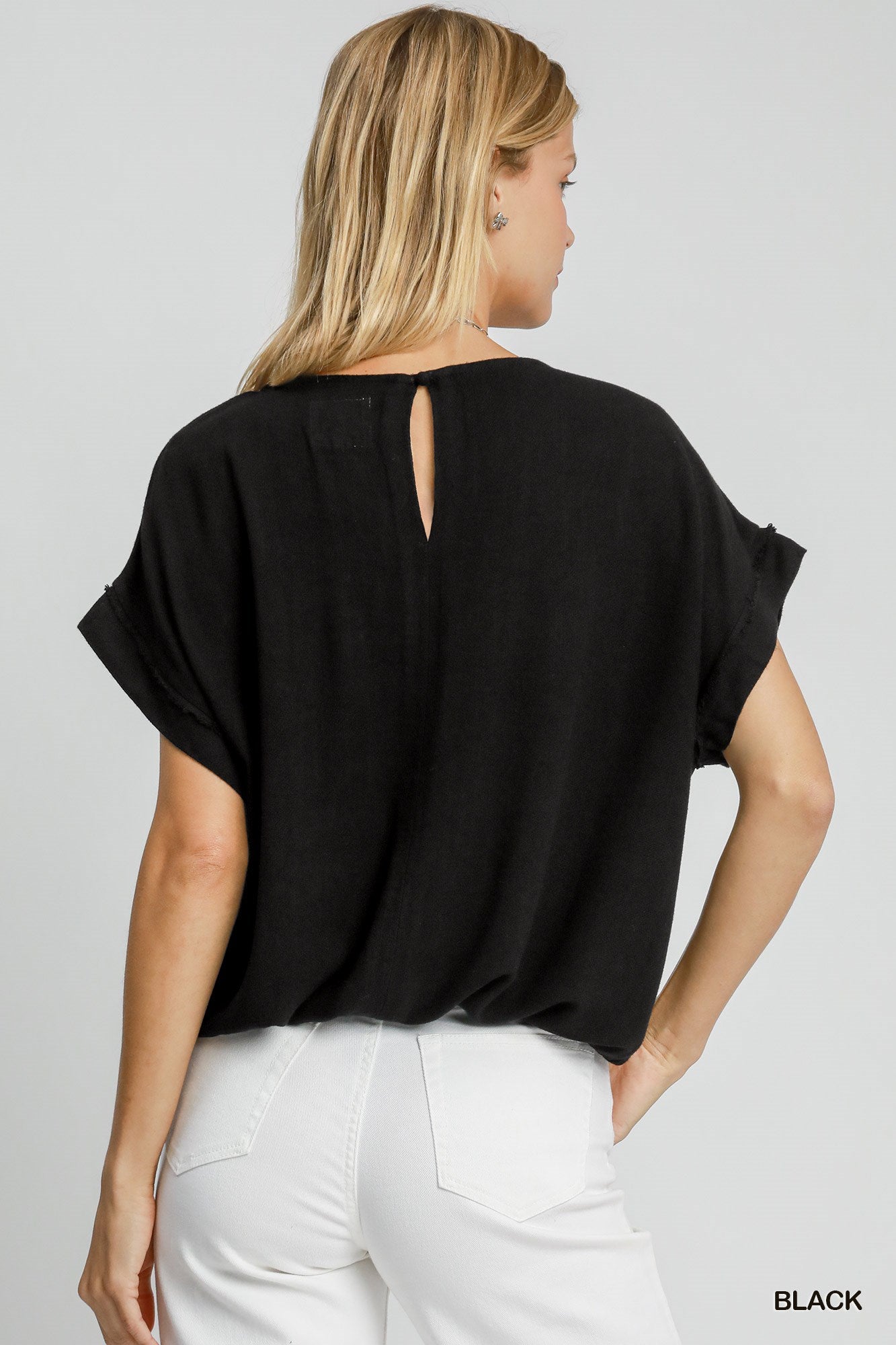 Drawstring Linen Blend Top Black