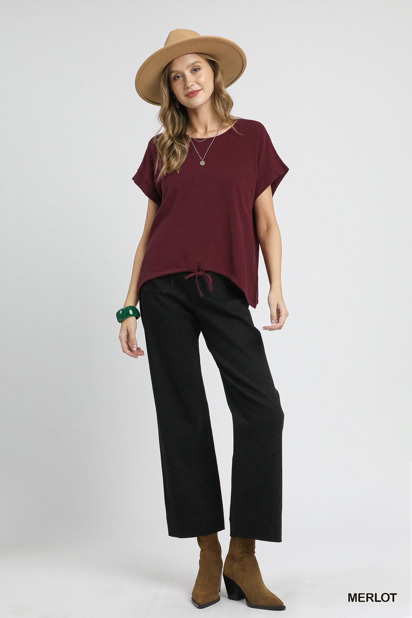 Drawstring Linen Blend Top Merlot