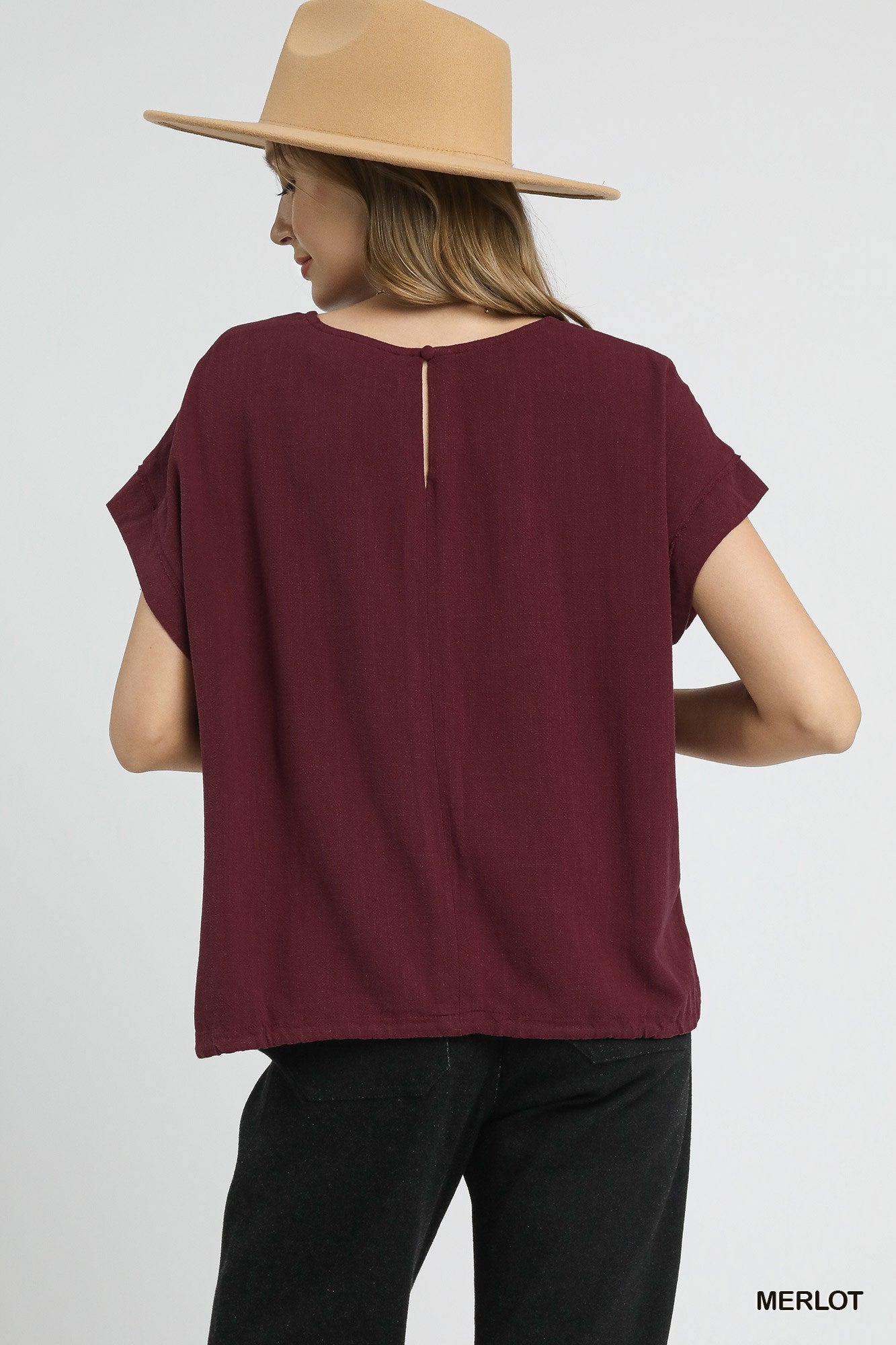 Drawstring Linen Blend Top Merlot