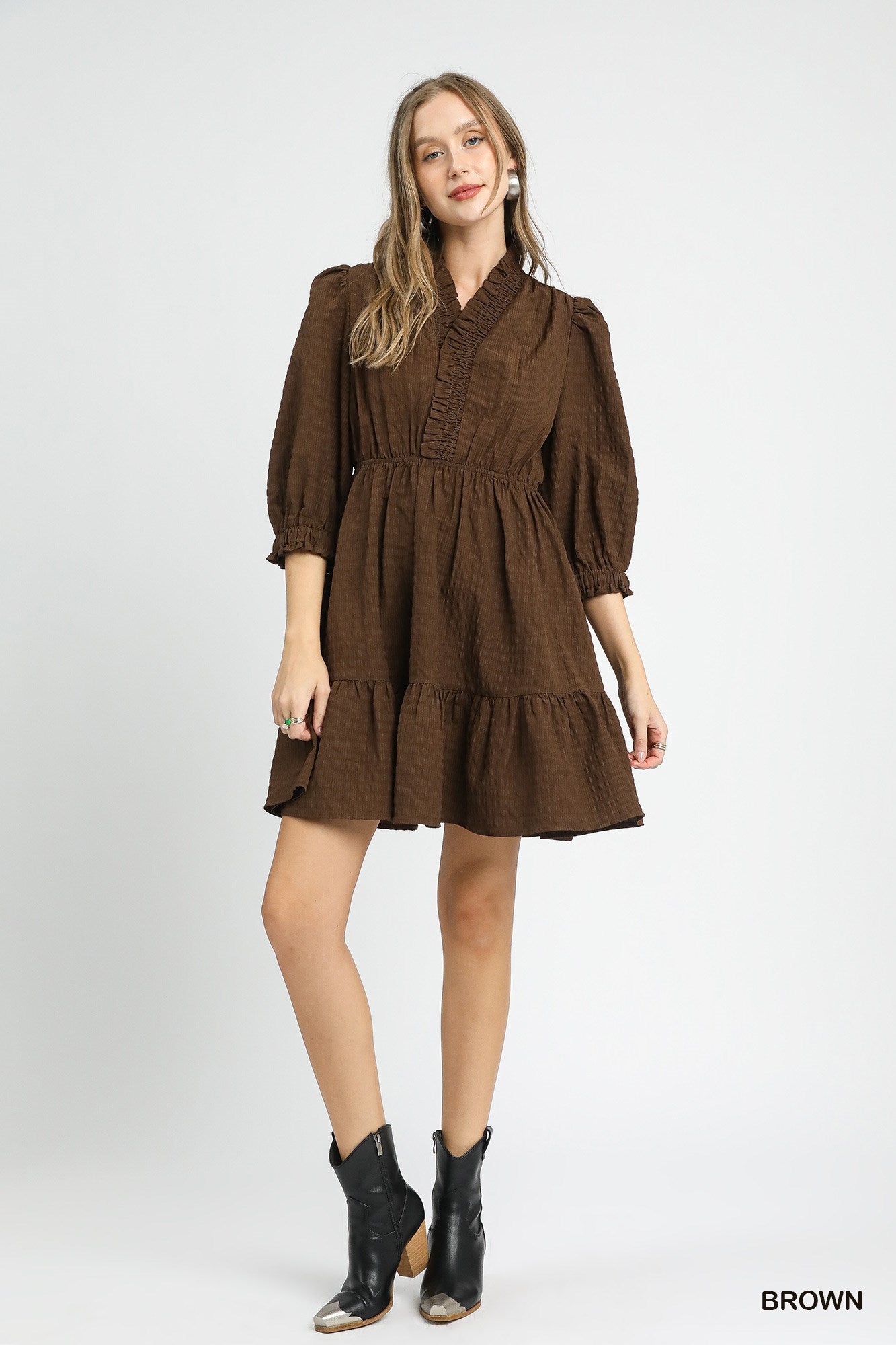 Ruffle Trim Textured 3/4 Sleeve Dress