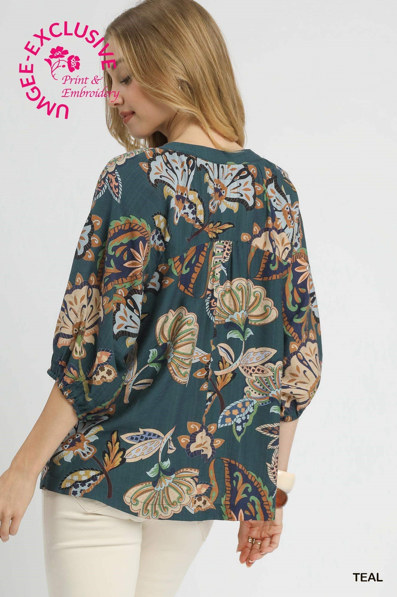 Sale Boho Paisley 3/4 Puff Sleeve Top