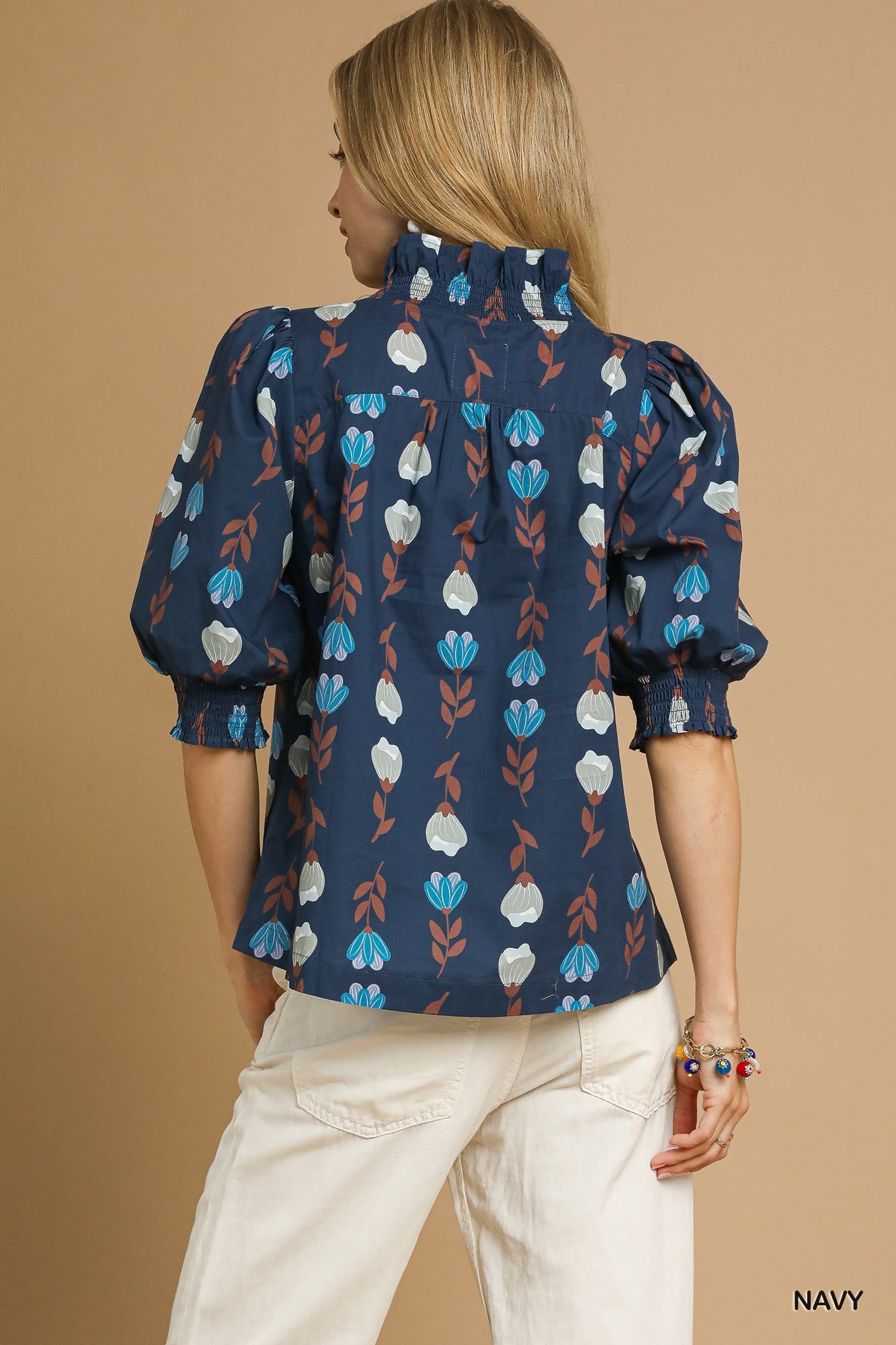 Floral Print Top w/Puff Sleeves and Smocked Cuff