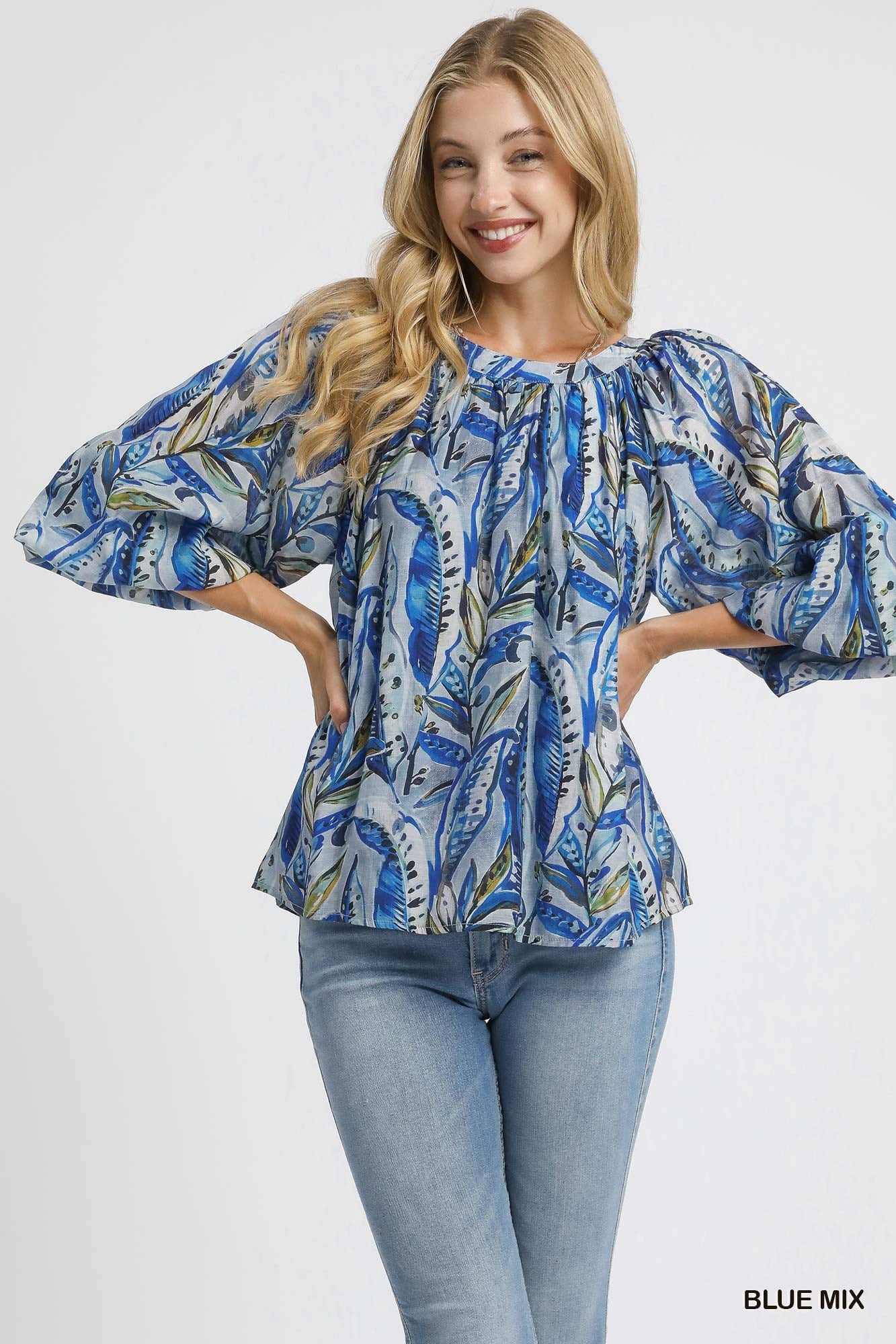 Mix Leaf Print Peasant Blouse