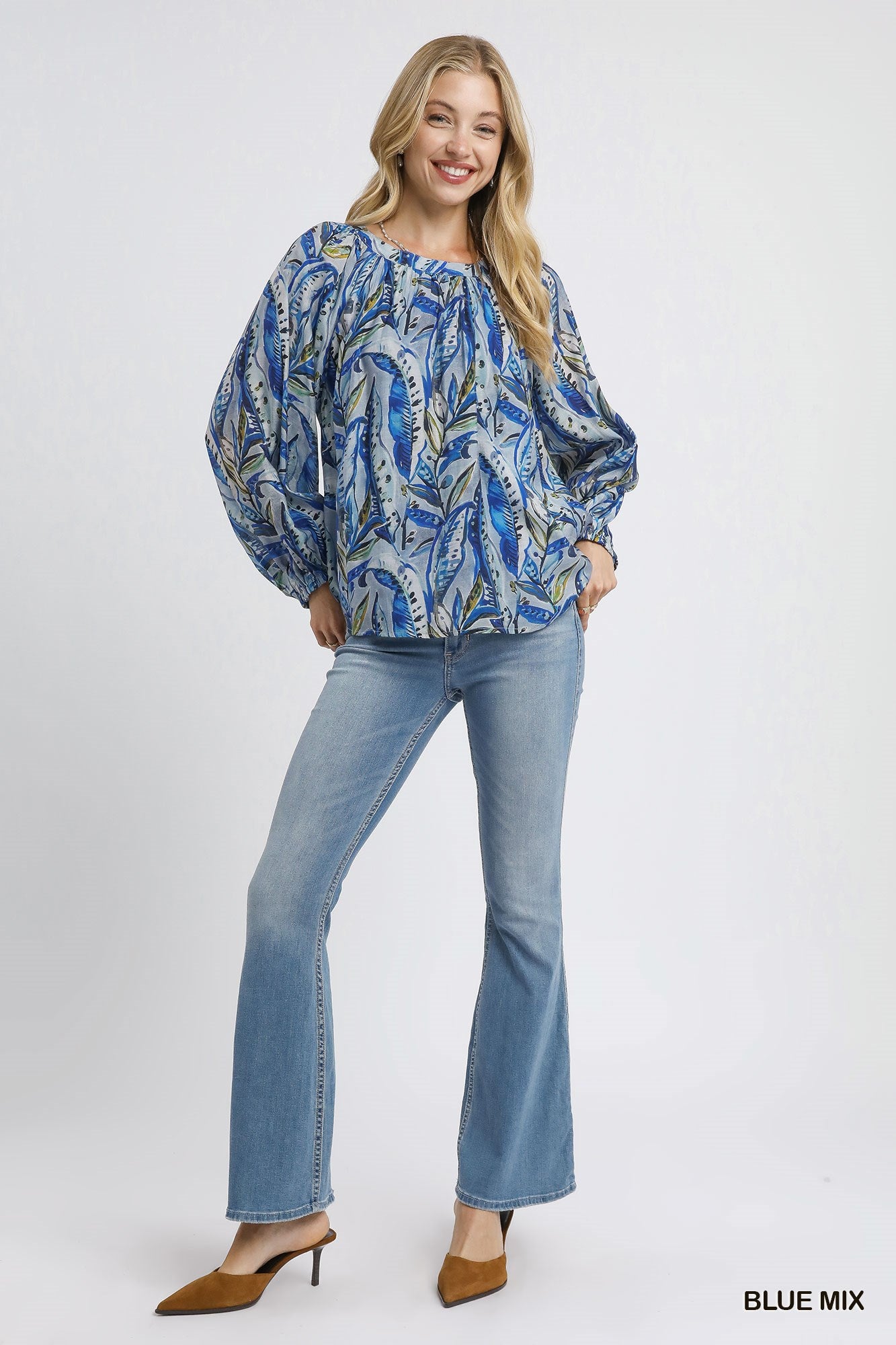 Mix Leaf Print Peasant Blouse