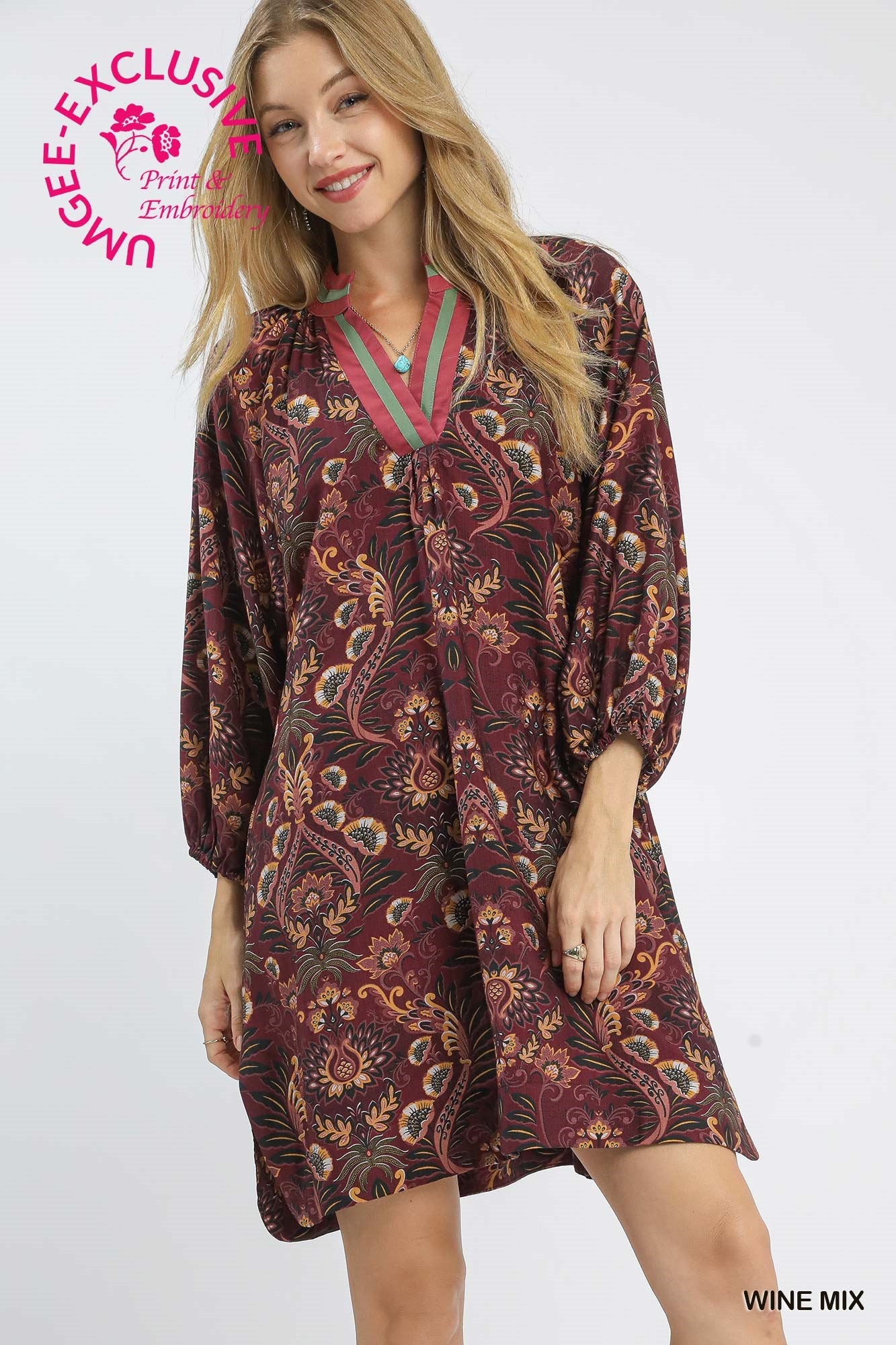 Wine color printed dress