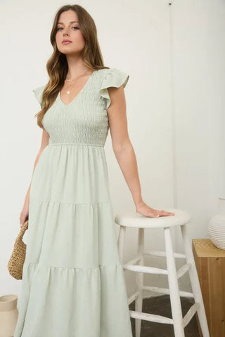 Blu Pepper Dresses V-Neck Flutter Sleeve Smocked Bodice Dress