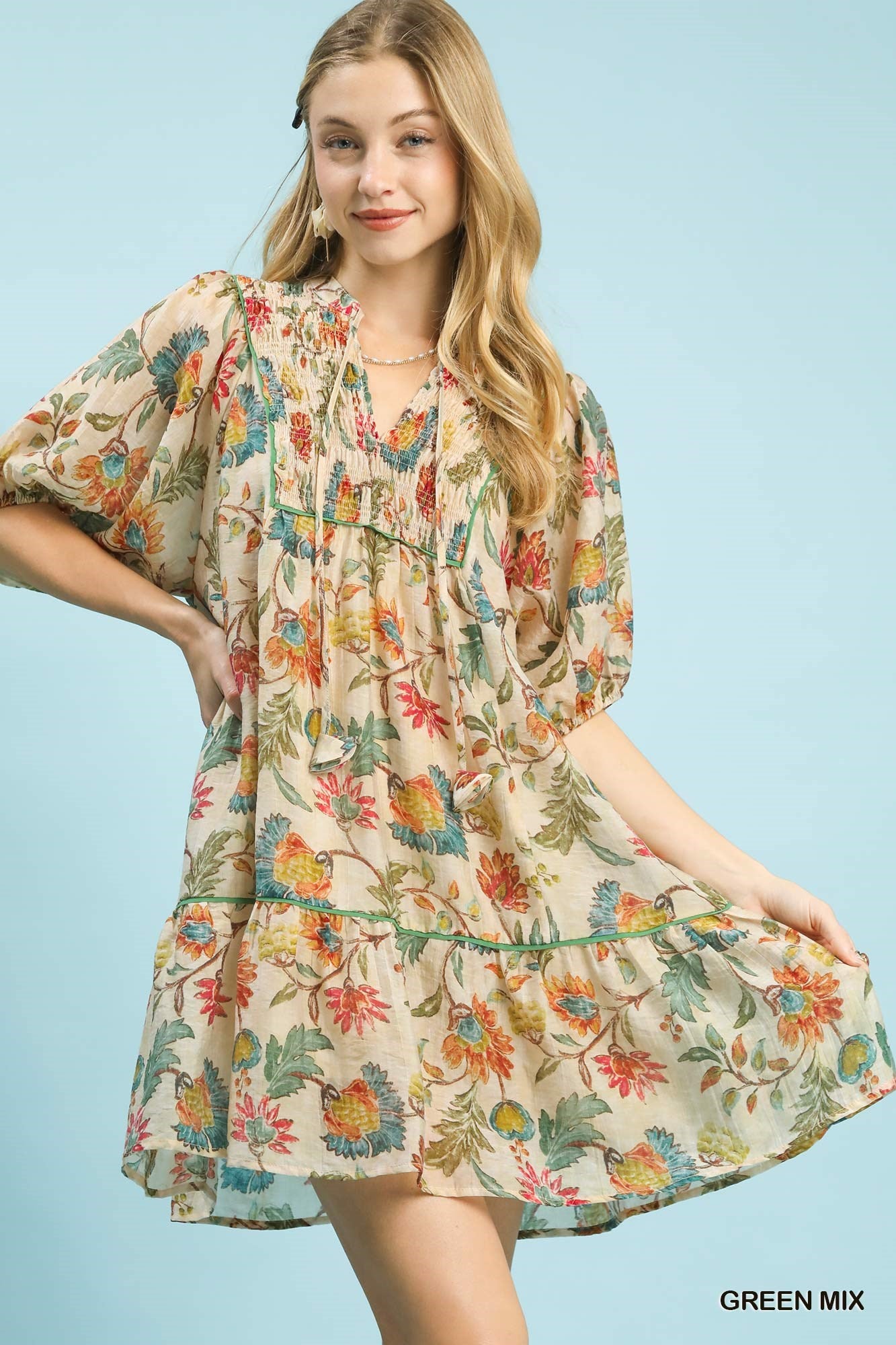Floral Tiered Dress Green Mix