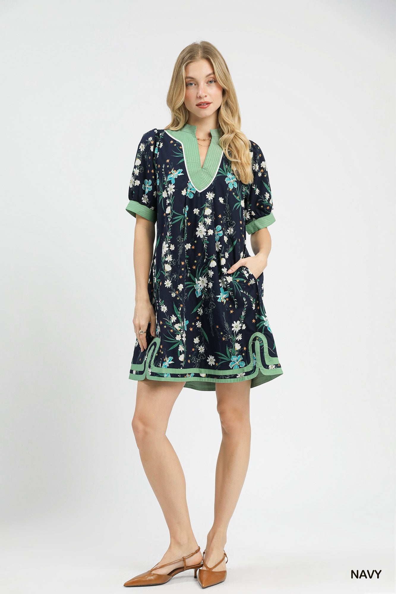 Floral Puff Sleeve Dress w/Contrast Trim