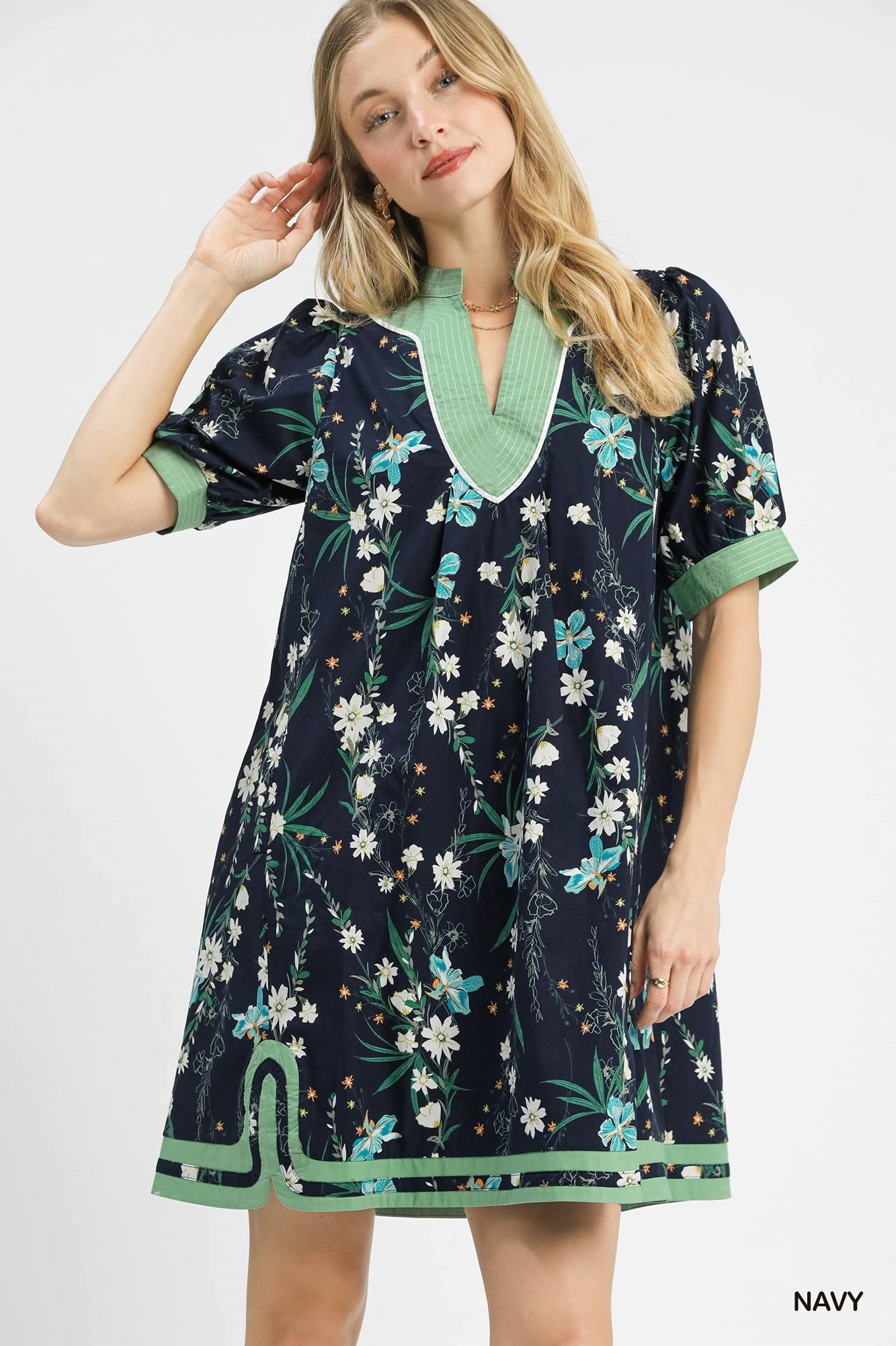 Floral Puff Sleeve Dress w/Contrast Trim