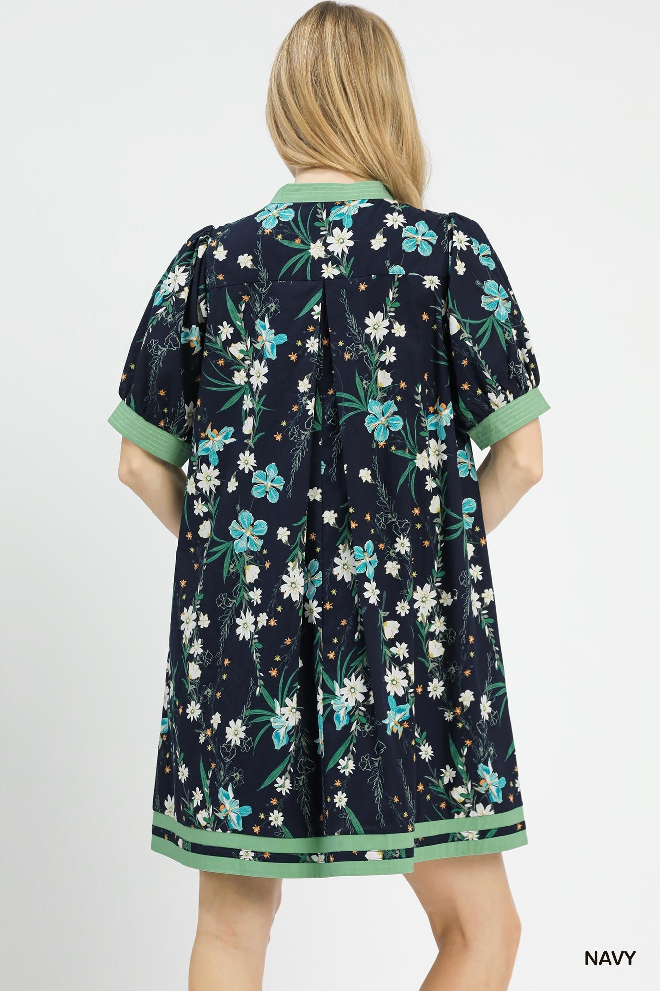 Floral Puff Sleeve Dress w/Contrast Trim