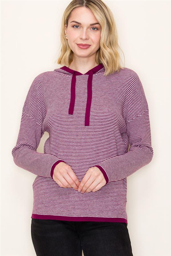 Pullover Waffle Texture Striped Hoodie Sweater Dark Magenta