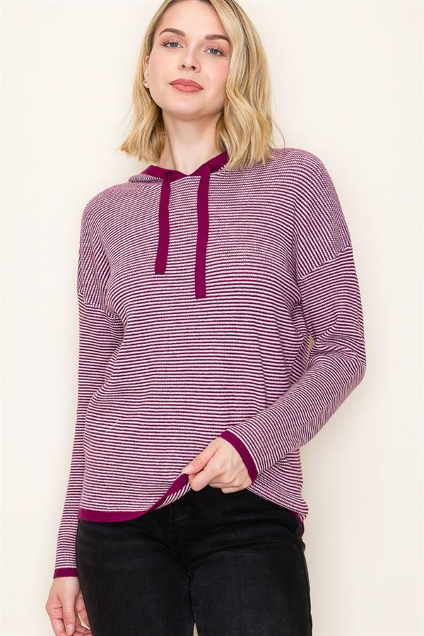 Pullover Waffle Texture Striped Hoodie Sweater Dark Magenta